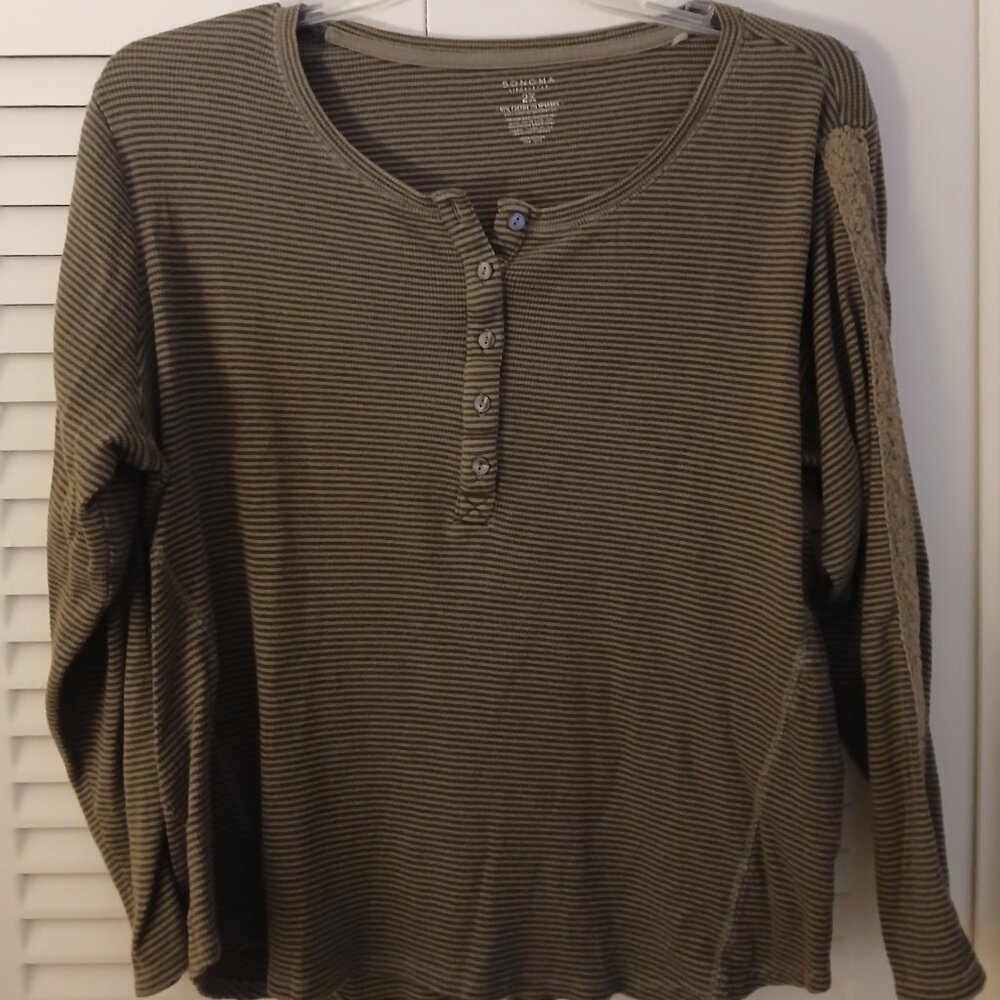 Ladies SONOMA Brand green stripes button down henley long sleeve shirt Size 2X